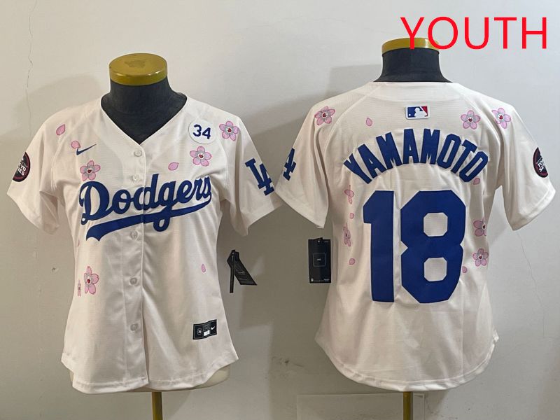 Youth Los Angeles Dodgers #18 Yamamoto Cream Sakura Edition 2025 Nike MLB Jersey style 14